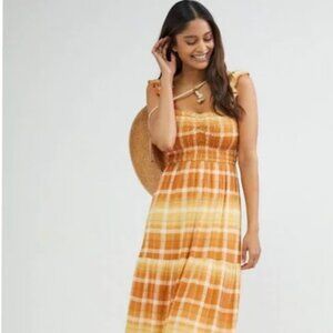 Anthropologie Maxi Dress – Orange Plaid, Tiered, Smocked Bodice, Ruffle Straps